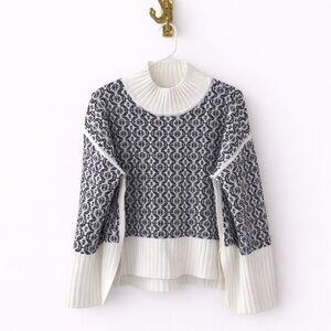 Cowl-Neck Patterned Black & White Sweater